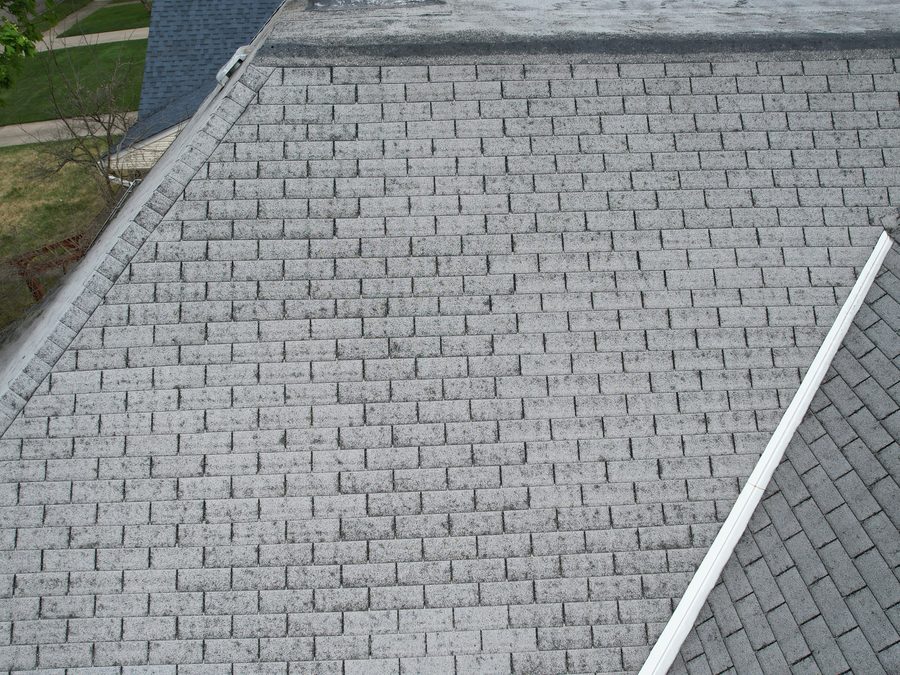 Drone view of hail-damaged roof shingles in Northeastern Ohio